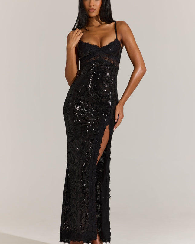 Black Embellished Lace-Trim Maxi Dress