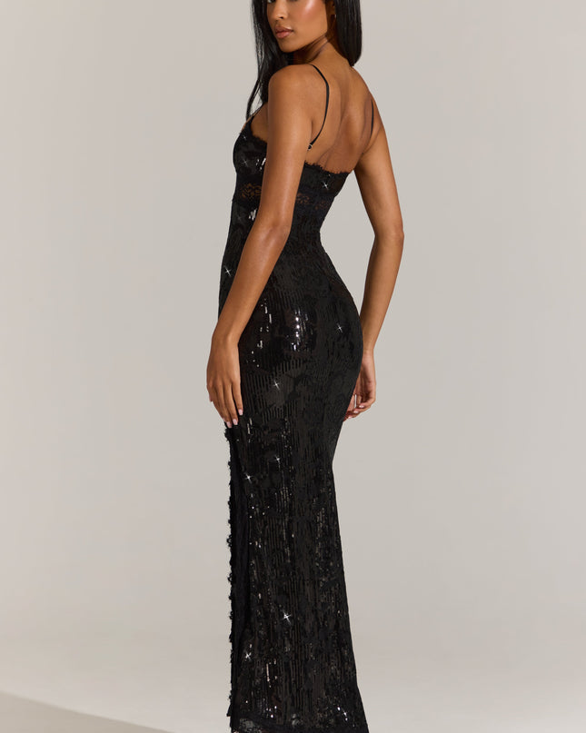 Black Embellished Lace-Trim Maxi Dress