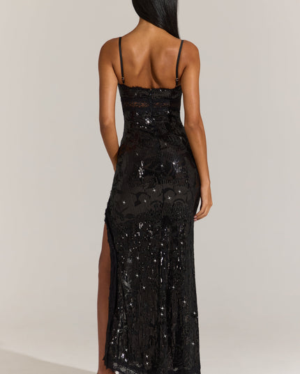Black Embellished Lace-Trim Maxi Dress