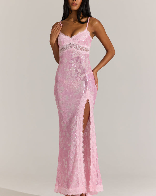 Blossom Pink Embellished Lace-Trim Maxi Dress