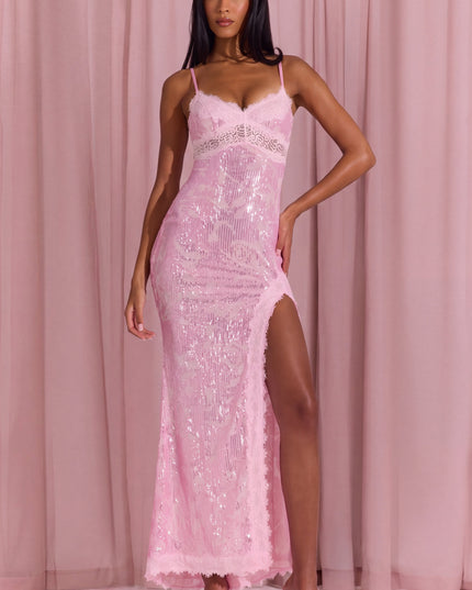 Blossom Pink Embellished Lace-Trim Maxi Dress