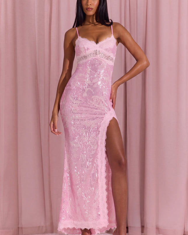 Blossom Pink Embellished Lace-Trim Maxi Dress