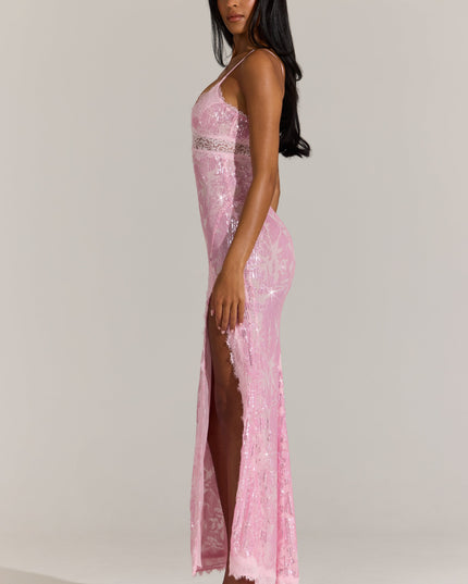 Blossom Pink Embellished Lace-Trim Maxi Dress