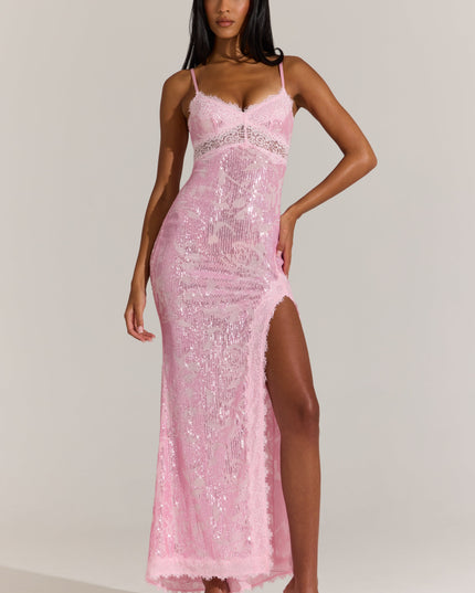 Blossom Pink Embellished Lace-Trim Maxi Dress