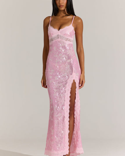 Blossom Pink Embellished Lace-Trim Maxi Dress