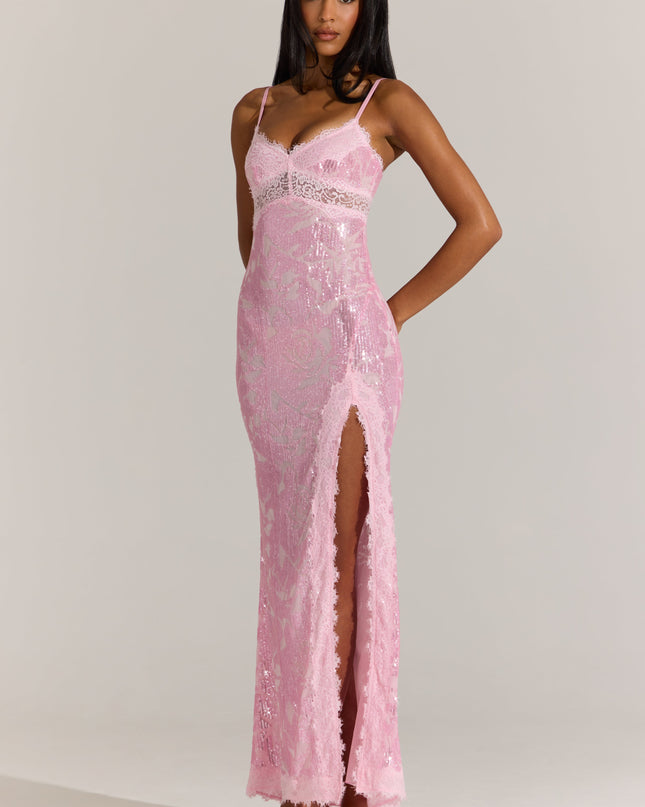 Blossom Pink Embellished Lace-Trim Maxi Dress