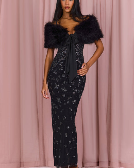 Black Fur Ribbon-Tie Stole