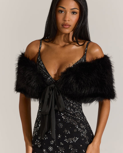 Black Fur Ribbon-Tie Stole