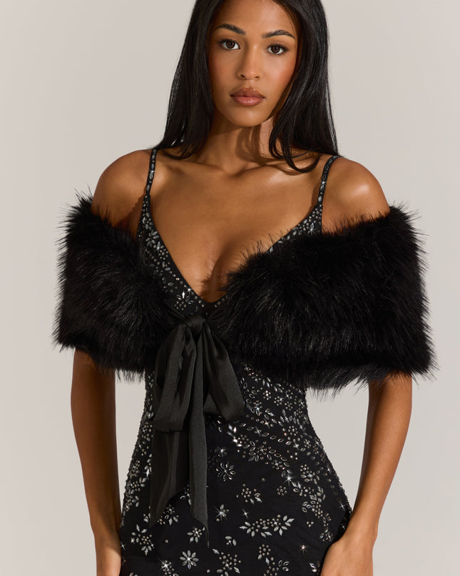 Black Fur Ribbon-Tie Stole