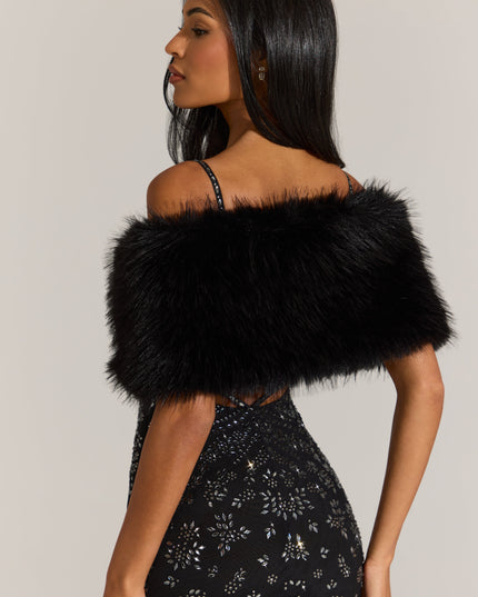 Black Fur Ribbon-Tie Stole