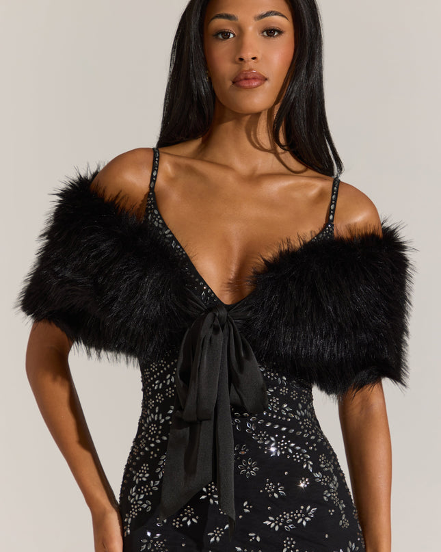 Black Fur Ribbon-Tie Stole