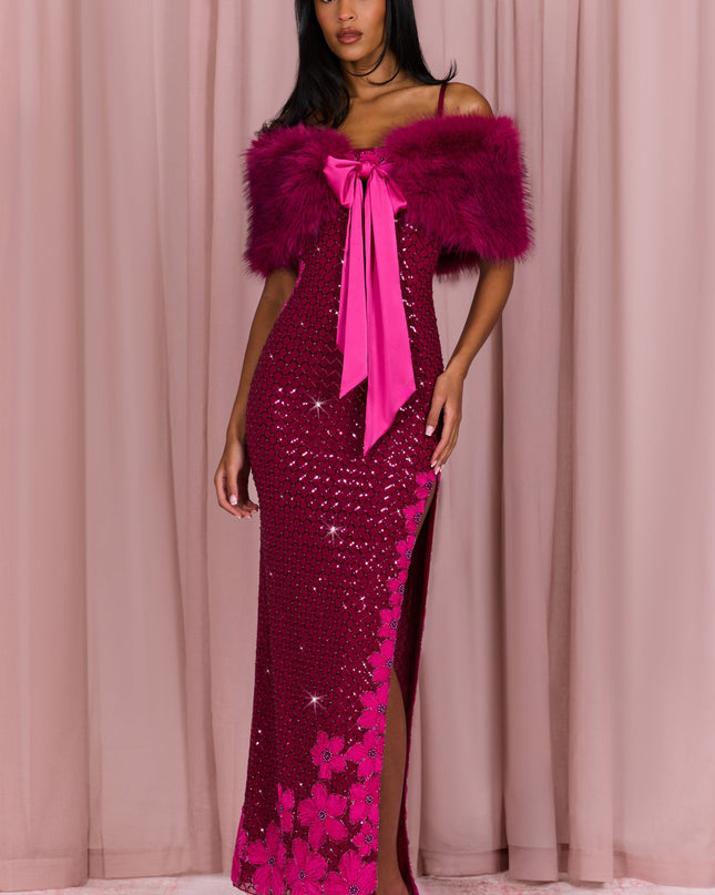 Fuchsia Pink Fur Ribbon-Tie Stole