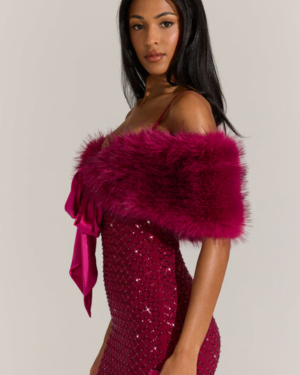 Fuchsia Pink Fur Ribbon-Tie Stole