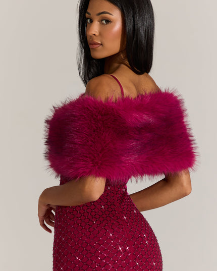 Fuchsia Pink Fur Ribbon-Tie Stole