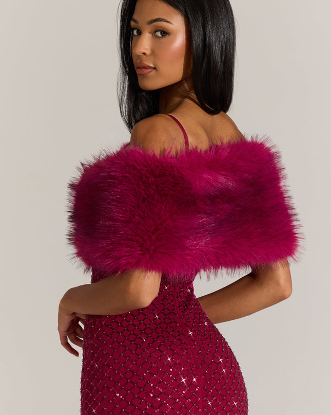 Fuchsia Pink Fur Ribbon-Tie Stole