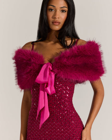 Fuchsia Pink Fur Ribbon-Tie Stole