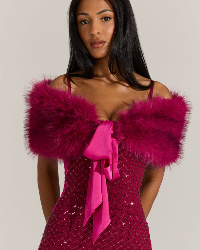 Fuchsia Pink Fur Ribbon-Tie Stole