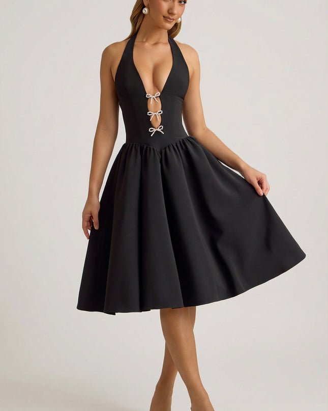 Black Halterneck Bow-Detail Midi Dress