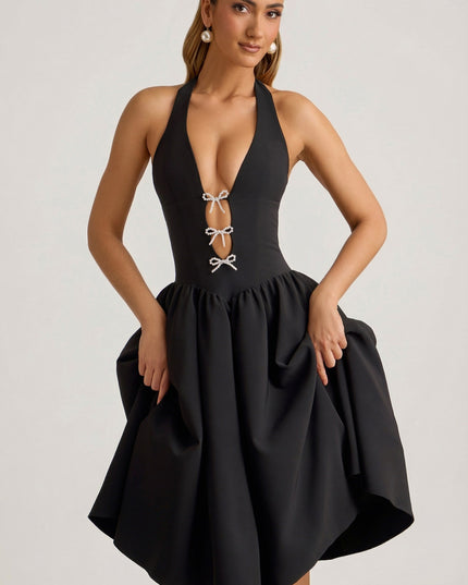 Black Halterneck Bow-Detail Midi Dress