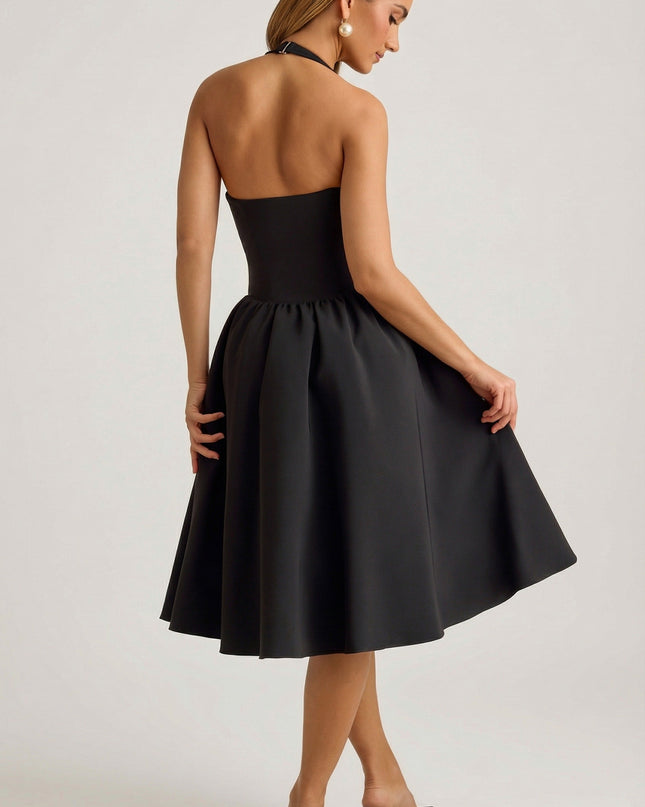 Black Halterneck Bow-Detail Midi Dress