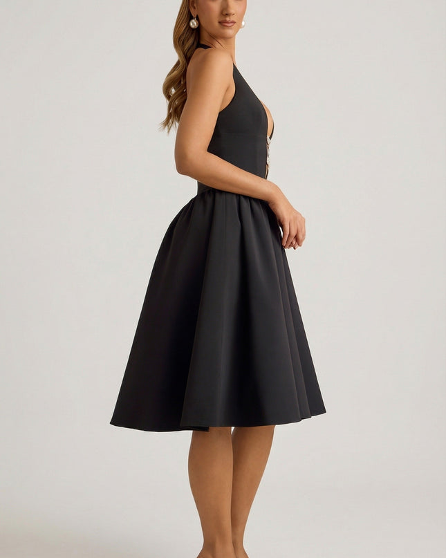 Black Halterneck Bow-Detail Midi Dress