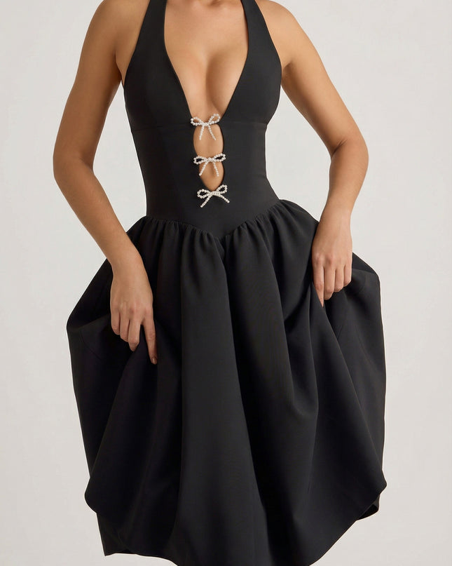 Black Halterneck Bow-Detail Midi Dress