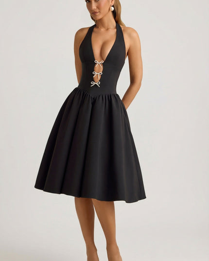 Black Halterneck Bow-Detail Midi Dress