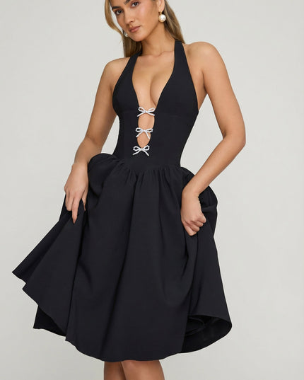 Black Halterneck Bow-Detail Midi Dress