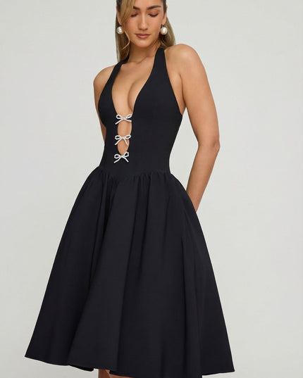 Black Halterneck Bow-Detail Midi Dress