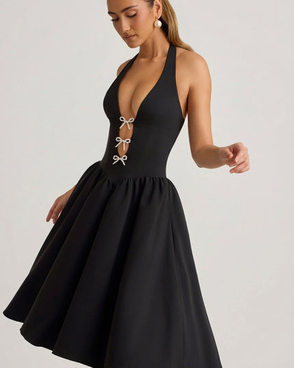 Black Halterneck Bow-Detail Midi Dress