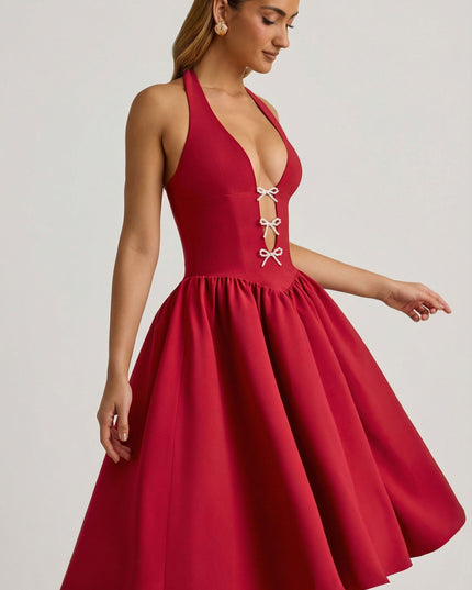 True Red Halterneck Bow-Detail Midi Dress