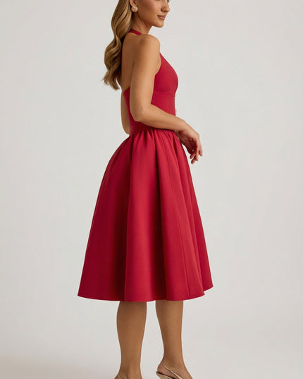 True Red Halterneck Bow-Detail Midi Dress