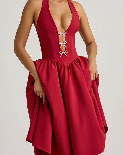 True Red Halterneck Bow-Detail Midi Dress