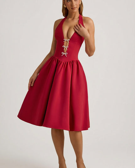 True Red Halterneck Bow-Detail Midi Dress