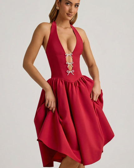 True Red Halterneck Bow-Detail Midi Dress