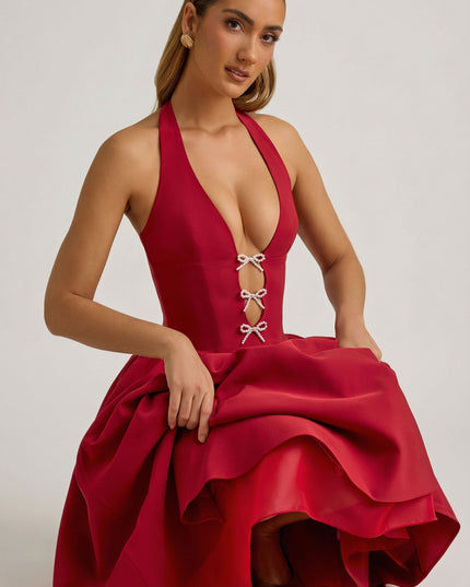 True Red Halterneck Bow-Detail Midi Dress