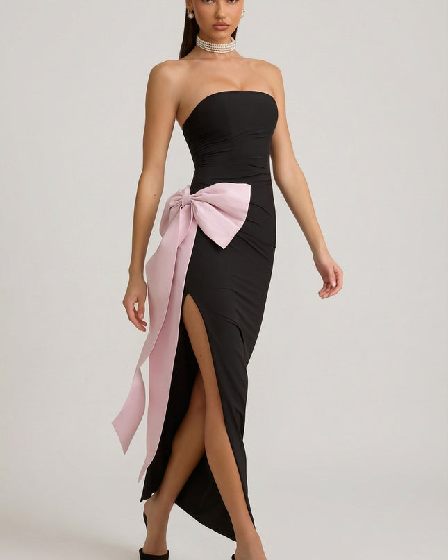 Black Strapless Bow-Detail Maxi Dress