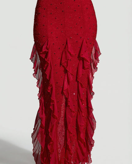 Red Embellished Halter Neck Ruffle Maxi Dress