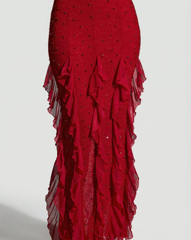 Red Embellished Halter Neck Ruffle Maxi Dress