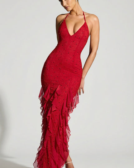 Red Embellished Halter Neck Ruffle Maxi Dress