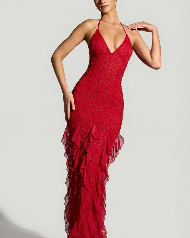 Red Embellished Halter Neck Ruffle Maxi Dress