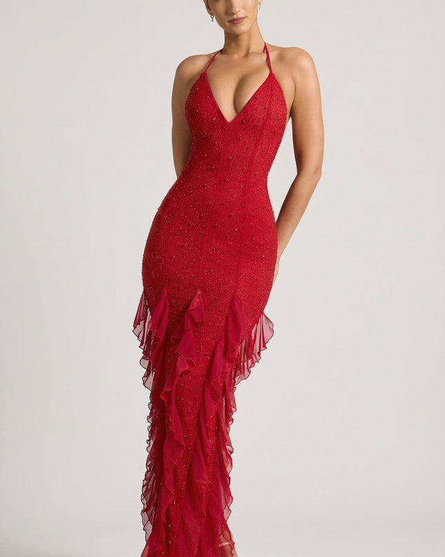Red Embellished Halter Neck Ruffle Maxi Dress
