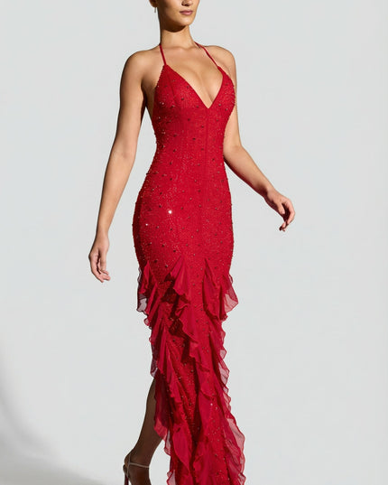 Red Embellished Halter Neck Ruffle Maxi Dress