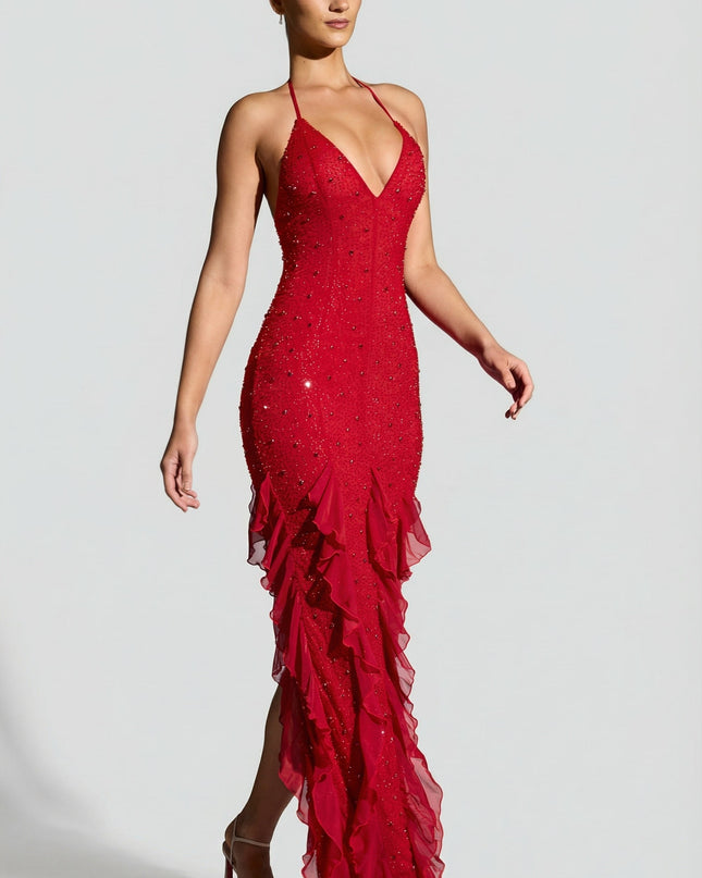 Red Embellished Halter Neck Ruffle Maxi Dress