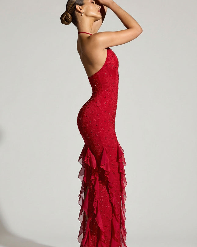Red Embellished Halter Neck Ruffle Maxi Dress