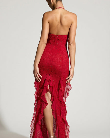 Red Embellished Halter Neck Ruffle Maxi Dress