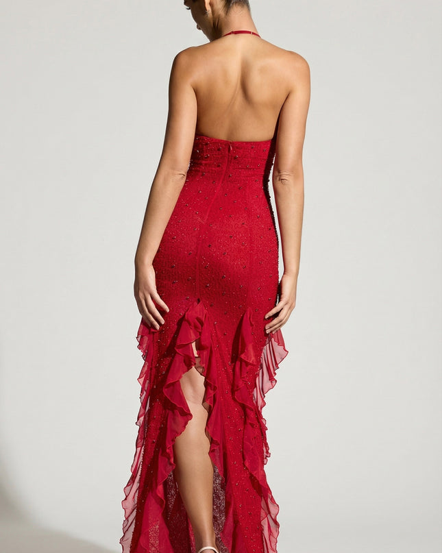 Red Embellished Halter Neck Ruffle Maxi Dress