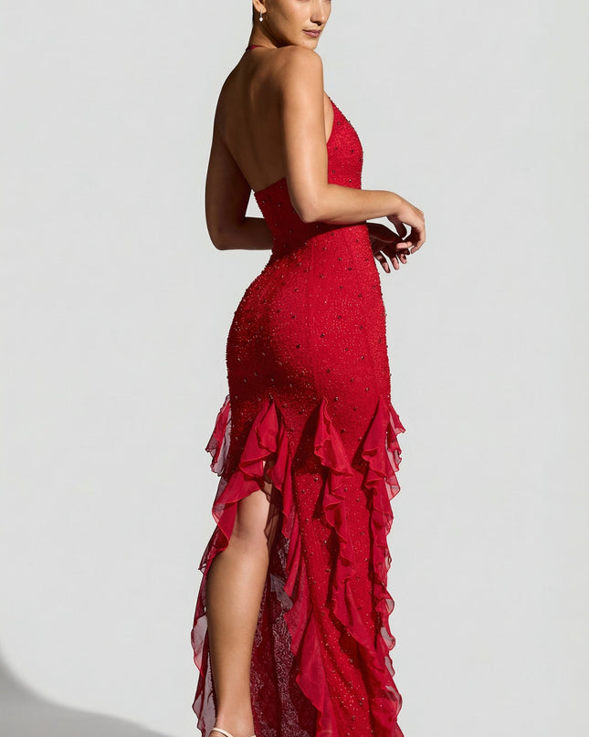 Red Embellished Halter Neck Ruffle Maxi Dress