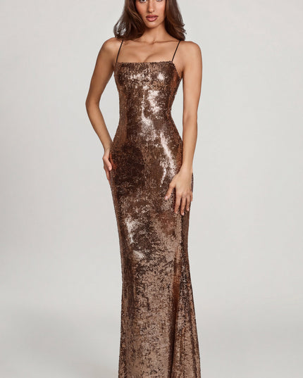 Copper Gold Embellished Straight-Neck Maxi Dress