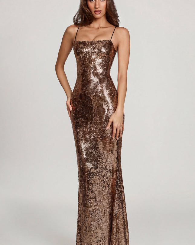 Copper Gold Embellished Straight-Neck Maxi Dress